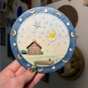 Vintage Blue and Cream Decorative Plaque with Moon and Stars